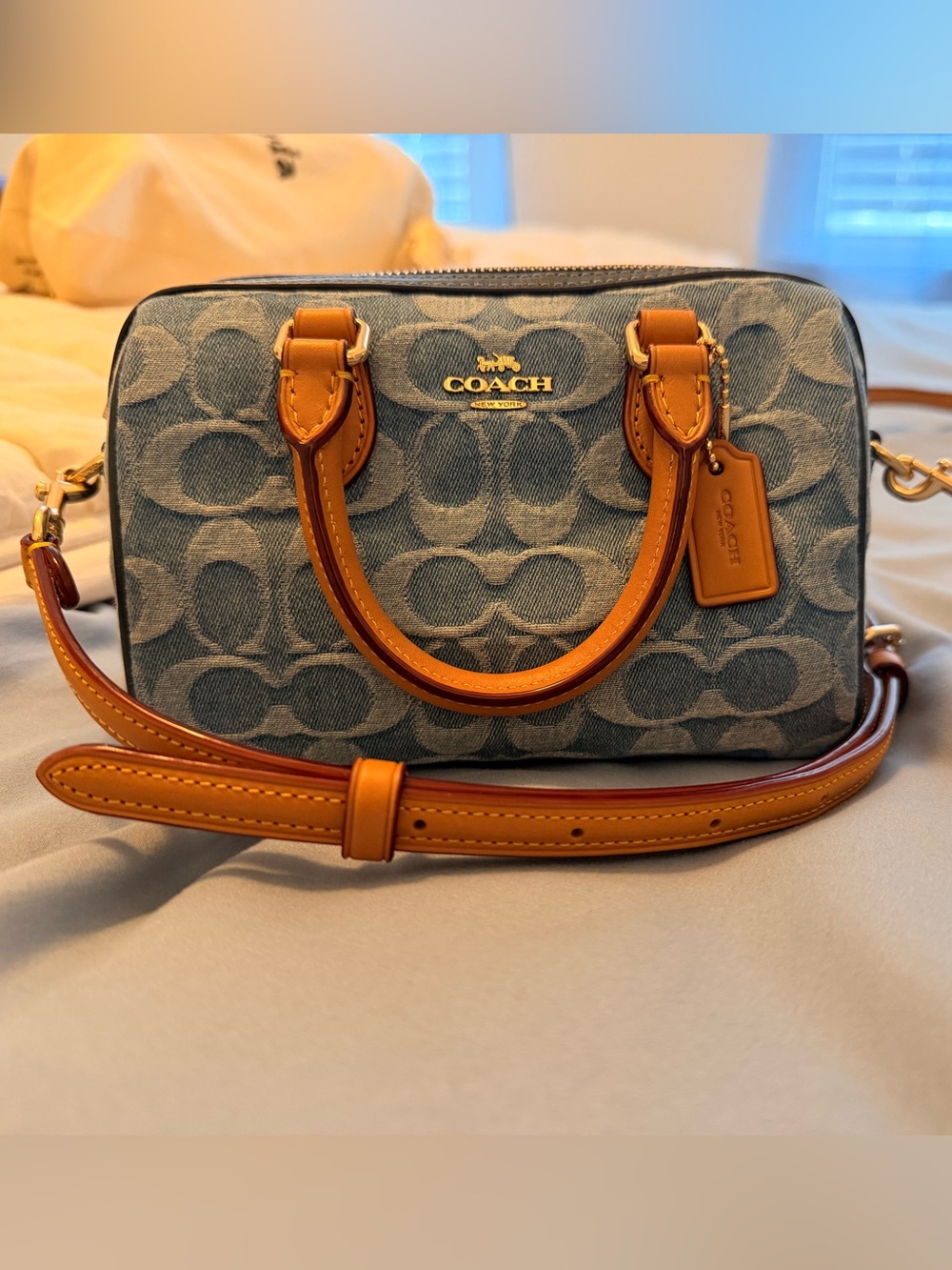 Coach Denim Signature Satchel with Saddle Trim